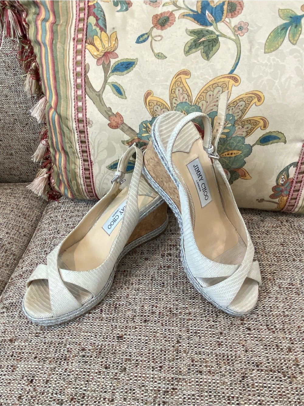 Jimmy Choo Ivory Textured Wedge Slingbacks